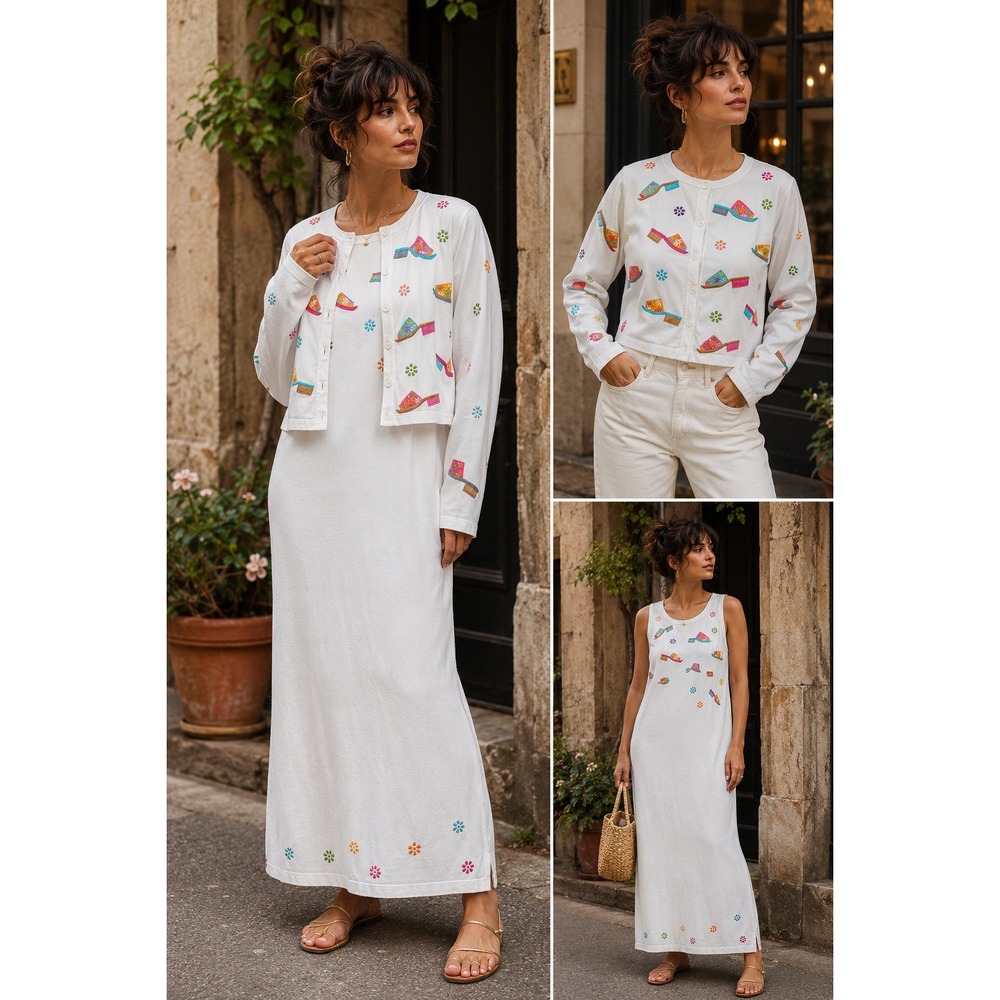 Vintage Michael Simon Lite White Embroidered Shoe Dress & Cardigan Set Small